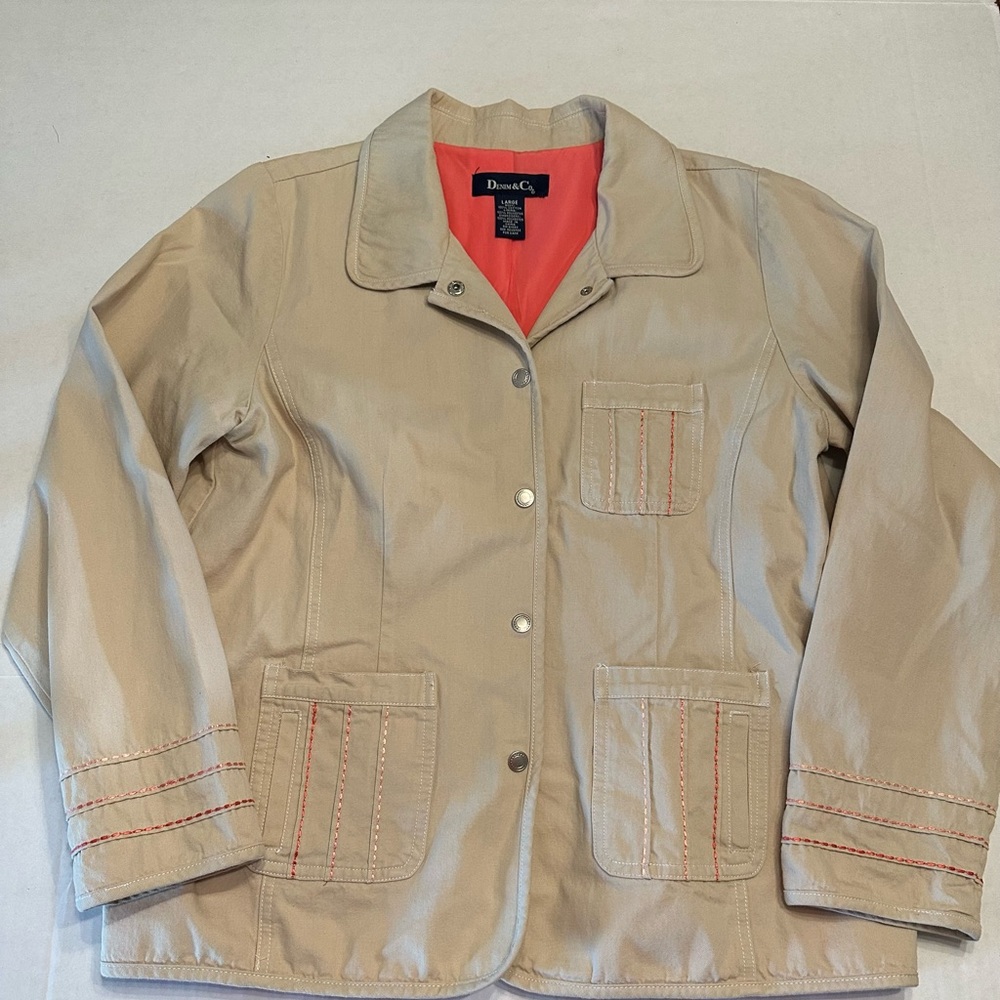 Denim&Co Tan and Pink Utility Jacket Casual Embroidered Snap Front